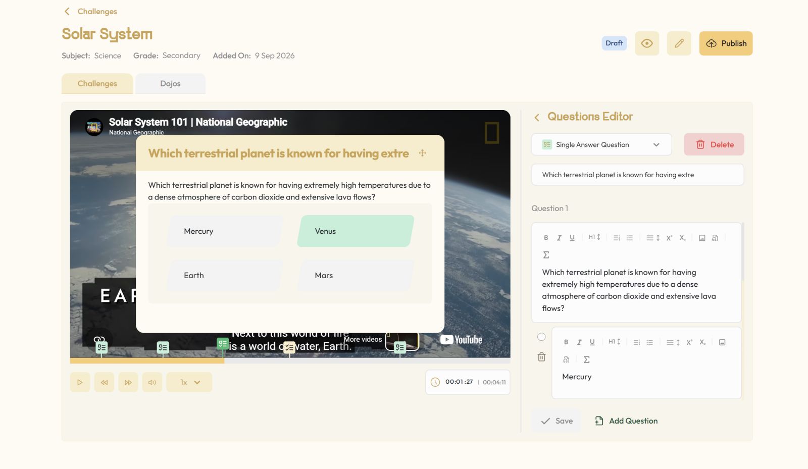 Add questions and question types at video timestamps in Kung Fu Quiz