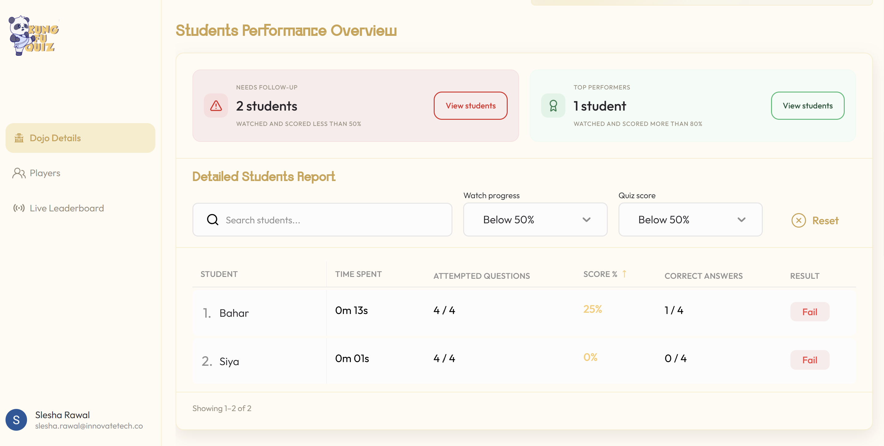 Identify top performers and students who need follow-up