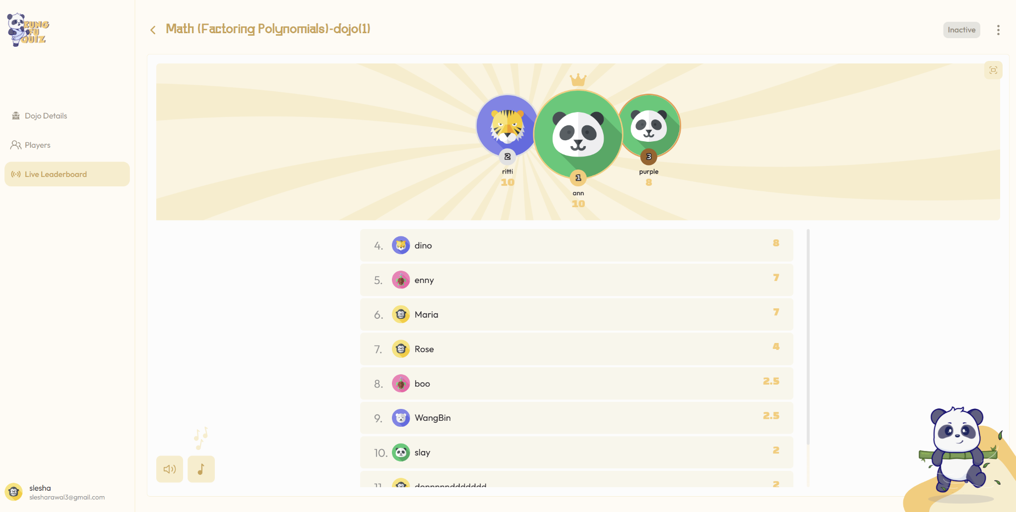 Real-time Live Leaderboard student rankings